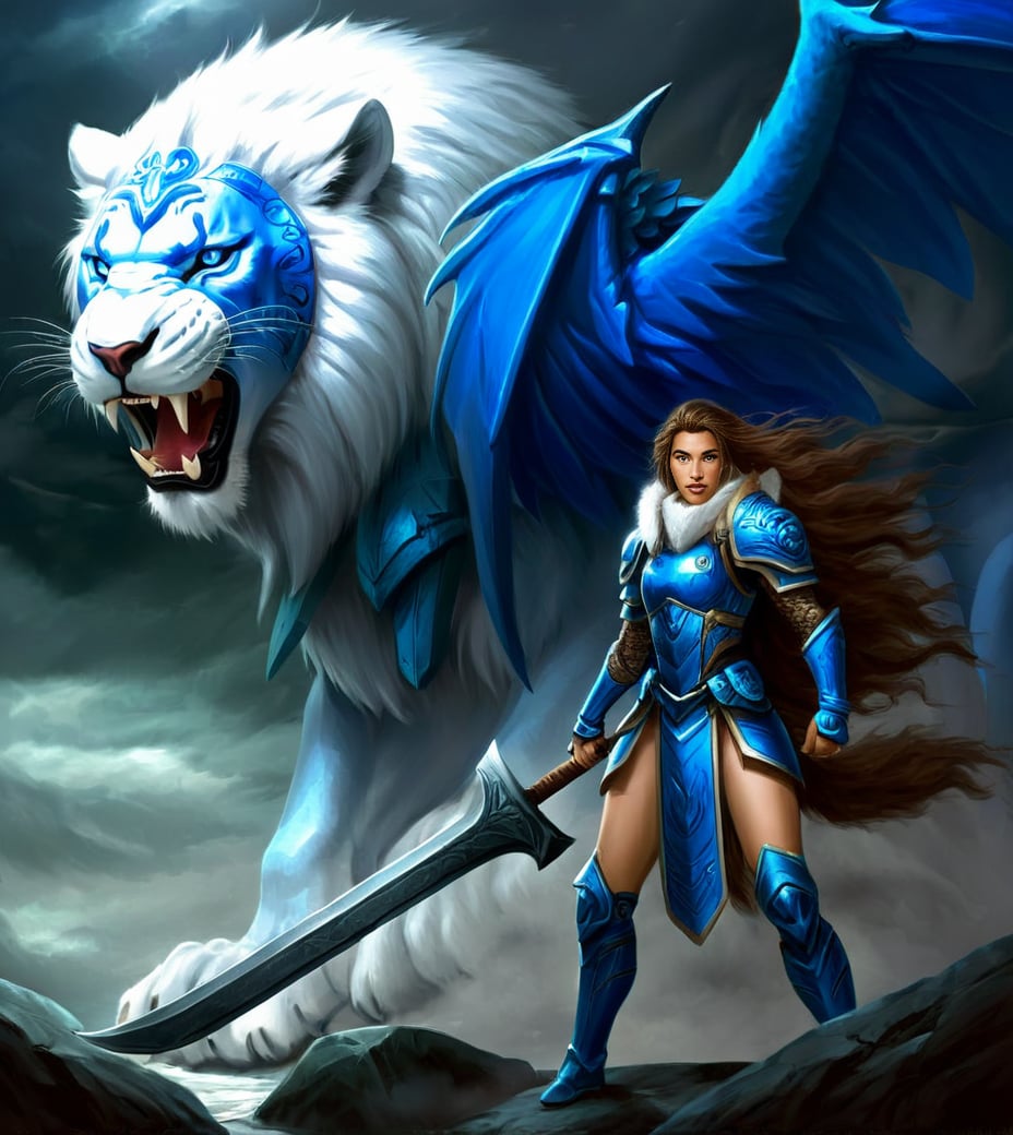 (Game CG style:1.2),mecha clothes, robot girl, sliver bodysuit, dragon wings, ((a dragon  stands behind the girl)), beautiful detailed sliver dragon armor,this is a fantasy art painting depicting a warrior wearing armor holding a large axe standing next to a roaring lion. the warrior has long hair and beard,and he wears a blue cloak over his shoulders. his armor is adorned with intricate patterns and decorations. the lion behind him has thick white fur and a fierce expression. it seems to be roaring or showing its teeth. the background of the image is dark and stormy,adding to the dramatic atmosphere. overall,the image conveys a sense of power,bravery,and mythical adventure,