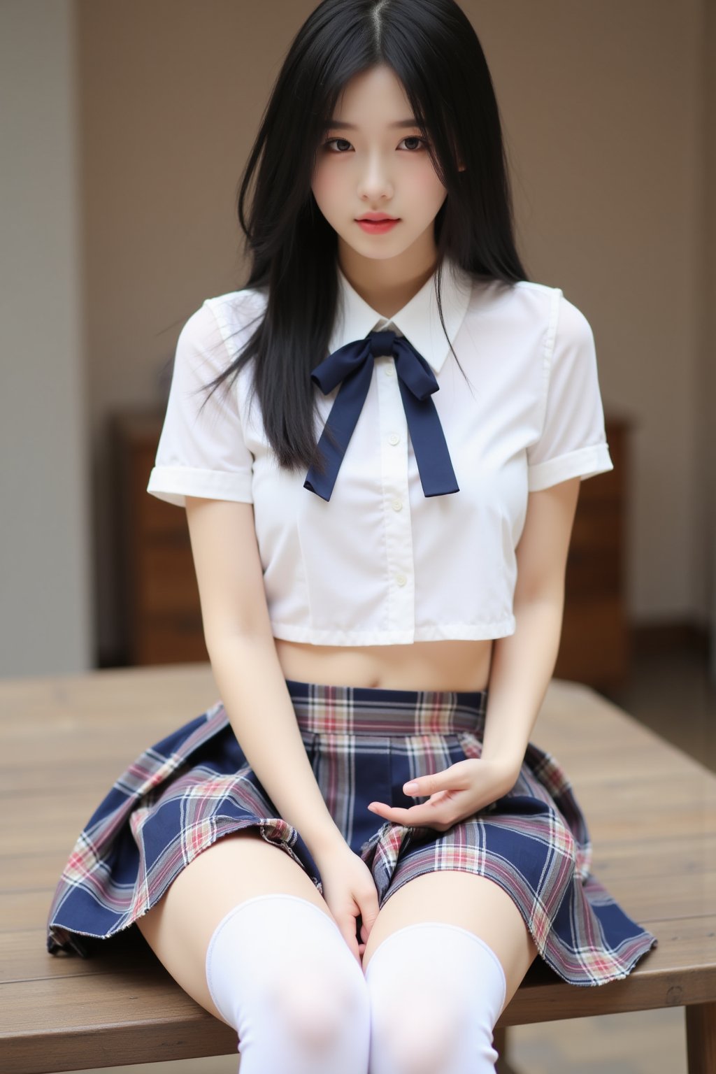 1girl, solo, skirt, plaid skirt, plaid, long hair, thighhighs, sitting, shirt, head out of frame, white shirt, blurry, black hair, realistic, white thighhighs, short sleeves, pleated skirt, crop top, knee up, depth of field, thighs, lips, school uniform, underwear, closed mouth, crop top overhang, midriff, blurry background, pantyshot