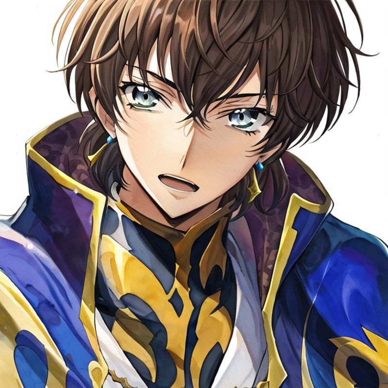 illustration, masterpiece, best quality, extremely detailed, watercolor, masterpiece, best quality, extremely detailed, 1boy, solo, suzaku_R2, blue_cape, looking at viewer, blue_cape,extremely-detailed eyes and face, open mouth, kneeling, 🧎‍♂️,