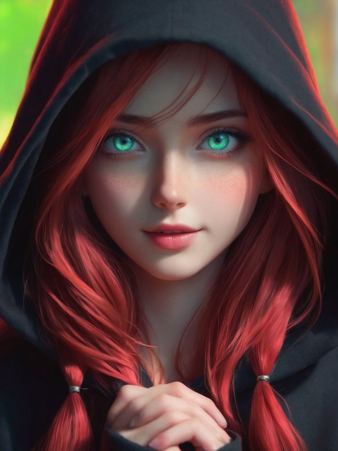 Stunningly beautiful 20 year old undine girl, dark hooded floating humanoid entity, hood, darkest aspects of magic, green eyes, nasty smile, red hair, longing, standing, arms outstretched down, palms forward, confident look, colorful lighting, soft or deep pastel, rich shades, unique atmosphere, trendy on artstation, full body, wide view, overview, 3D manga art, Perfect Hands, perfecteyes <lora:GoodPhotoV1.0_alpha1.0_rank8_noxattn_700steps:1>