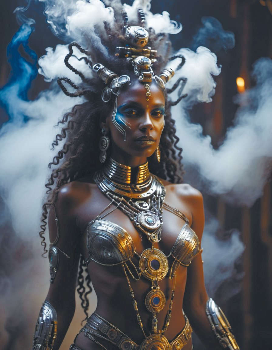 an immaculate photo of a dancing mystical tribal goddess adorned with robotic scrap and cables and synthesizer parts is surrounded tentacles made from mandalas and incense smoke,full body,perfect face,powerful,cinematic,beautifully lit bak,3d,octane photo,8k unreal engine,scifi <lora:RoboXLv2:0.8>,<lora:add-detail-xl:1.6>,Engulfed <lora:EngulfedBy-Klilnter_01:0.7>,by diegocr