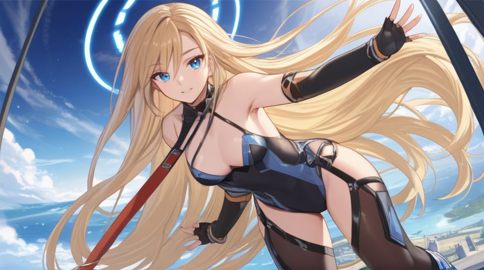 (best quality), ((masterpiece)), (highres), illustration, original, extremely detailed,   <lora:恩佩西斯的闪光:0.7>1girl, solo, long hair, gloves, blue eyes, blonde hair, halo, fingerless gloves, leotard, breasts, elbow gloves, black gloves, very long hair, looking at viewer, small breasts, hair between eyes, bare shoulders