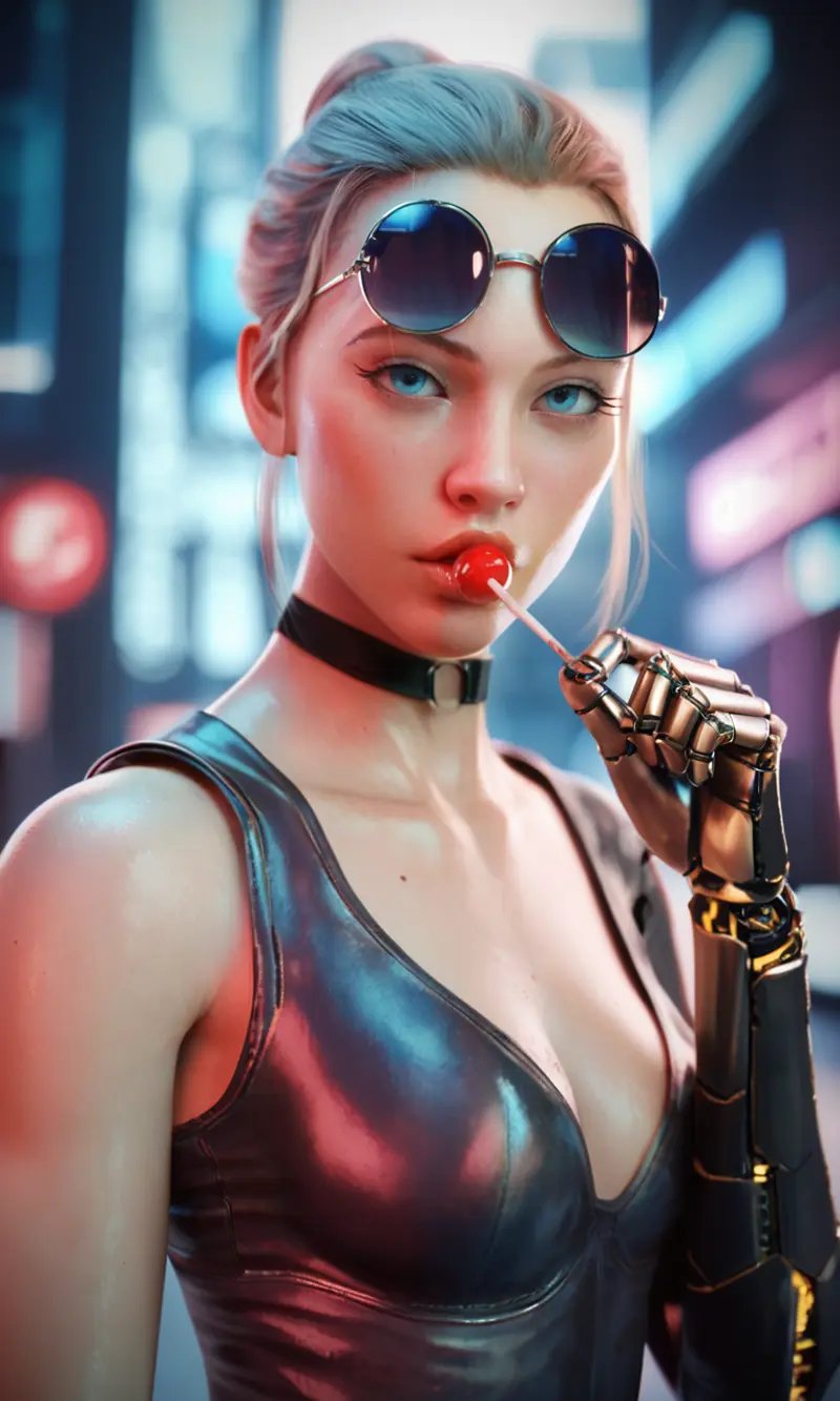 score_9, score_8_up, score_7_up, BREAK, 1girl, solo, looking at viewer, blue eyes, holding, food, glasses, choker, artist name, blurry, lips, blurry background, holding food, candy, lollipop, realistic, nose, round eyewear, mechanical arms, single mechanical arm, cyberpunk realistic, slacestyle, <lora:sLaceStyle_v1:0.8>