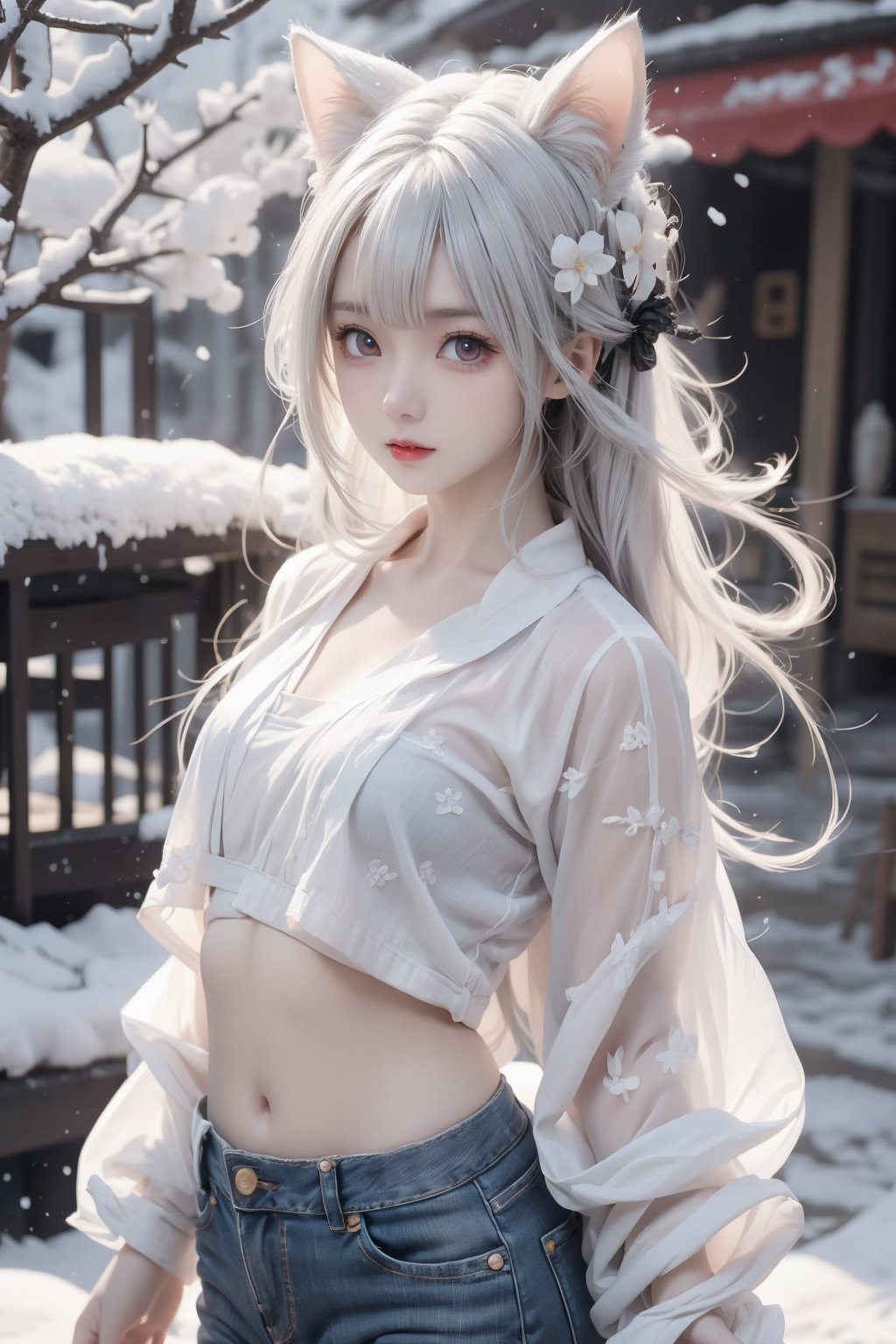 white theme, 1girl,anime girl, solo, nice girl, the perfect face, snow-white hair, the hair is slightly shaggy, hair over one eye, hairstyle with a side parting, voluminous hair, lush hair, long hair, snow-white skin, blue eyes,red lips,cat ears,black jeans, black crop top, white jacket, located on the street, model pose, sharp focus, perfect hands, perfect face, perfect eyes, perfect light, dynamic light, natural light