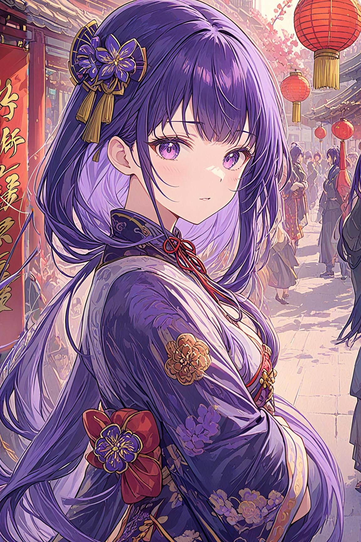 ultra-detailed,(best quality),((masterpiece)),(highres),original,extremely detailed 8K wallpaper,(an extremely delicate and beautiful),anime,1girl,raiden shogun,purple hair,solo,looking at viewer,chinese clothes,BREAK(chinese architecture ),spring festival,(chinese new year),(lunar new year),(busy street),BREAK <lora:XL 超级雷神_1.0:0.7>,