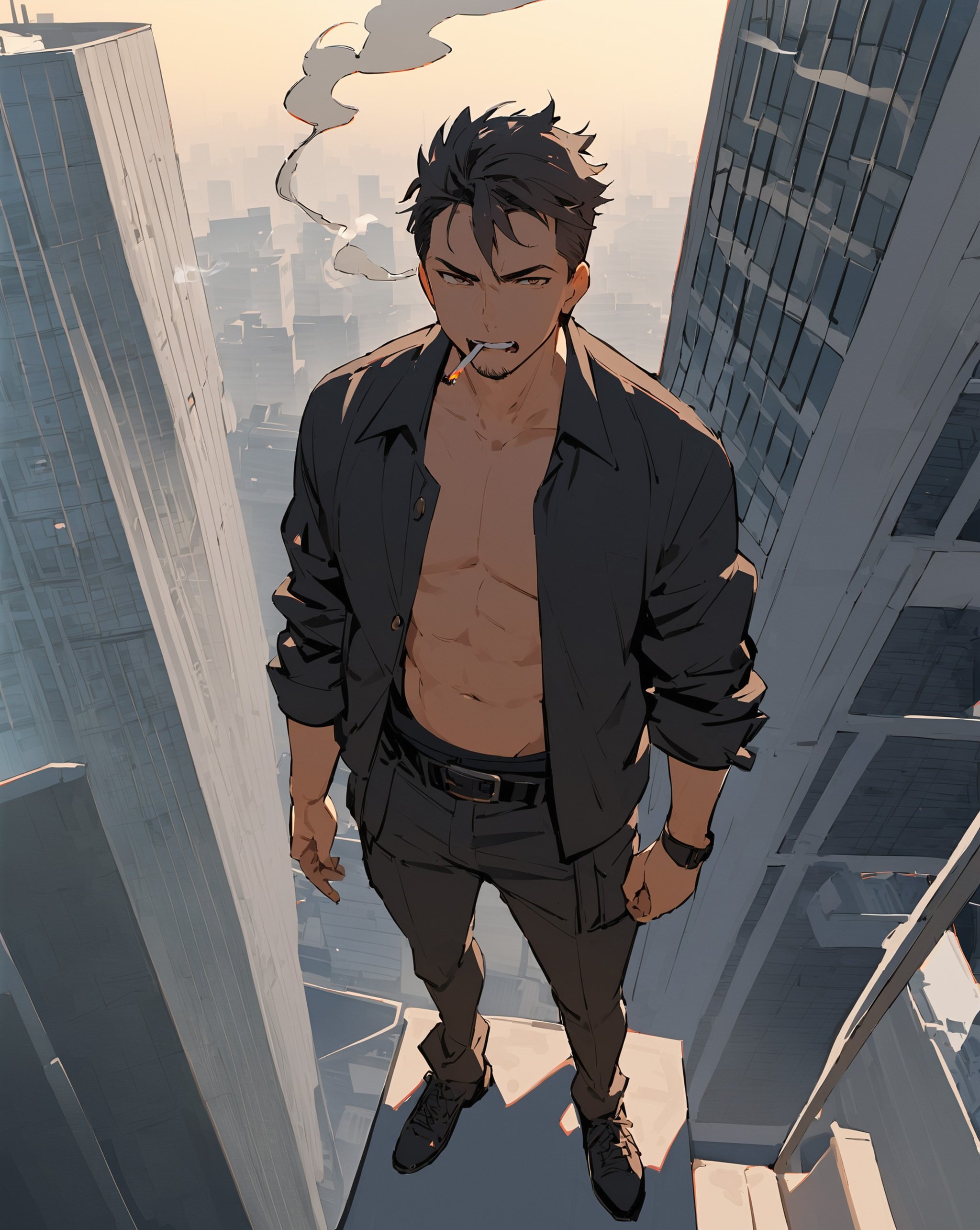 1boy,male,cigarette,sloppy open mouth,on the roof of a building,skyscraper in tokyo,(smoke),(smoking:1.2),from above,solo,