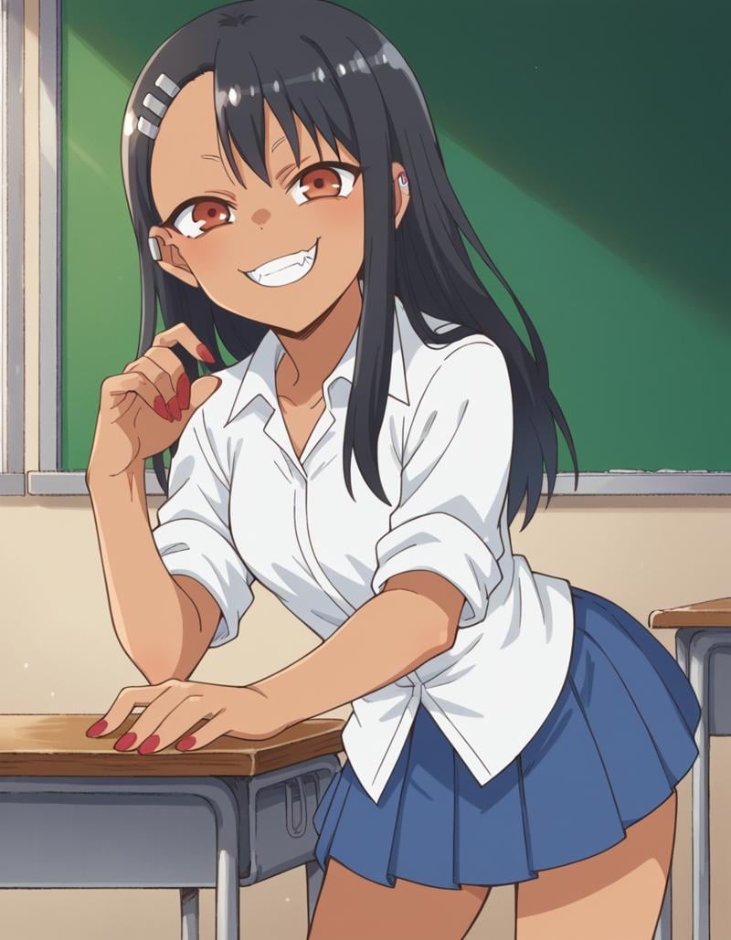 score_9, score_8_up, score_7_up, source_anime,hayasenagatoro, <lora:hayase-nagatoro-s1s2-ponyxl-lora-nochekaiser:1>,hayase nagatoro, long hair, bangs, black hair, hair ornament, brown eyes, hairclip, fang, dark skin, dark-skinned female, tan,skirt, shirt, school uniform, white shirt, pleated skirt, nail polish, blue skirt, red nails, earclip,indoors, classroom, bent over, smile,looking at viewer, cowboy shot, solo, dutch angle,