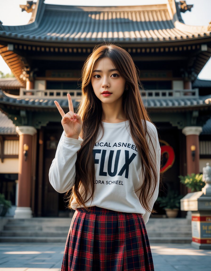 A photograph of an incredibly beautiful 18-year-old girl with long, stylish gradient brown hair, standing confidently at a street during daylight. She is wearing a shirt painted "FLUX ASIAN LORA SCHNEEL" in boldly large, readable lettering, making the message stand out clearly. Her hand posing V symbol to viewer. Her outfit includes a red plaid pleated mini skirt that adds a touch of youthful energy and vibrancy to her look, complementing the serene and historic backdrop of the temple. The natural light highlights her confident posture and elegant features, while the traditional architecture of the temple, with its wooden beams and intricate design, contrasts beautifully with her modern, stylish appearance. The atmosphere is serene, with the warm sunlight casting soft shadows and enhancing the overall balance between youthfulness and cultural heritage in the composition  <lora:hinaFluxAsianMixLora-schnell_v2:0.9>