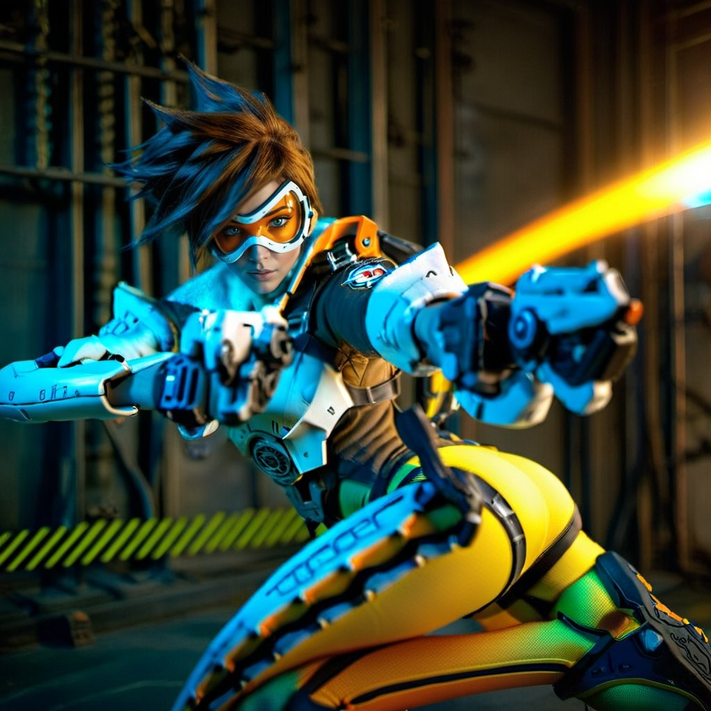 cinematic photo a woman with an orange glassmask holding guns in a futuristic cyberpunk background, neon lights <lora:Tracer1024:0.8> . 35mm photograph, film, bokeh, professional, 4k, highly detailed