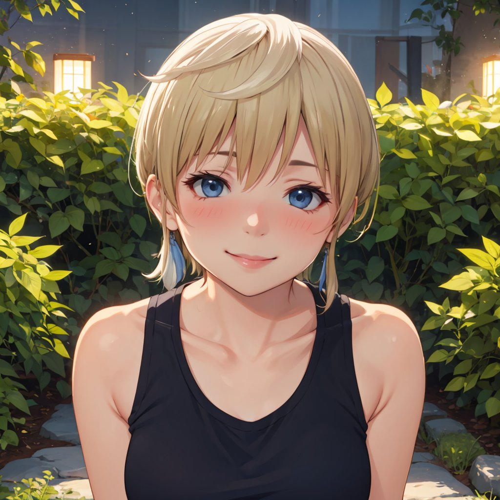 tenkaizumo, mature female, mature face, beautiful smile, nose blush, hair ornament, tank top, micro shorts, day, ambient lighting, garden, <lora:IzumoTenkaV2:0.8>