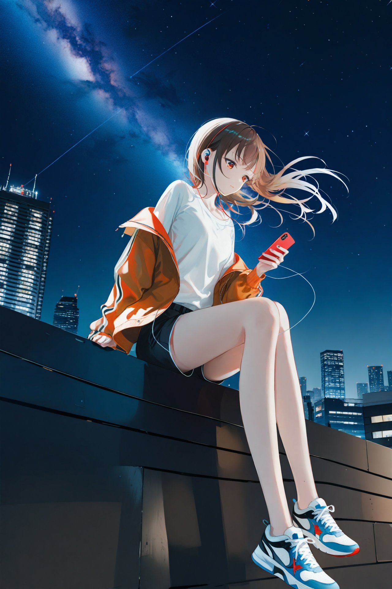 masterpiece,best quality,high quality,(colorful),[Artist toosaka asagi],[[[Artist wlop]]],[Artist chen bin],[Artist omone hokoma agm],Artist hiten (hitenkei),1girl,solo,night,phone,sky,earphones,shorts,outdoors,long hair,building,sitting,shoes,cellphone,holding,holding phone,night sky,shirt,jacket,sneakers,star (sky),white shirt,smartphone,bare legs,starry sky,brown hair,bag,city,long sleeves,open clothes,off shoulder,closed mouth,earbuds,black shorts,short shorts,red eyes,floating hair,brown eyes,brown jacket,open jacket,