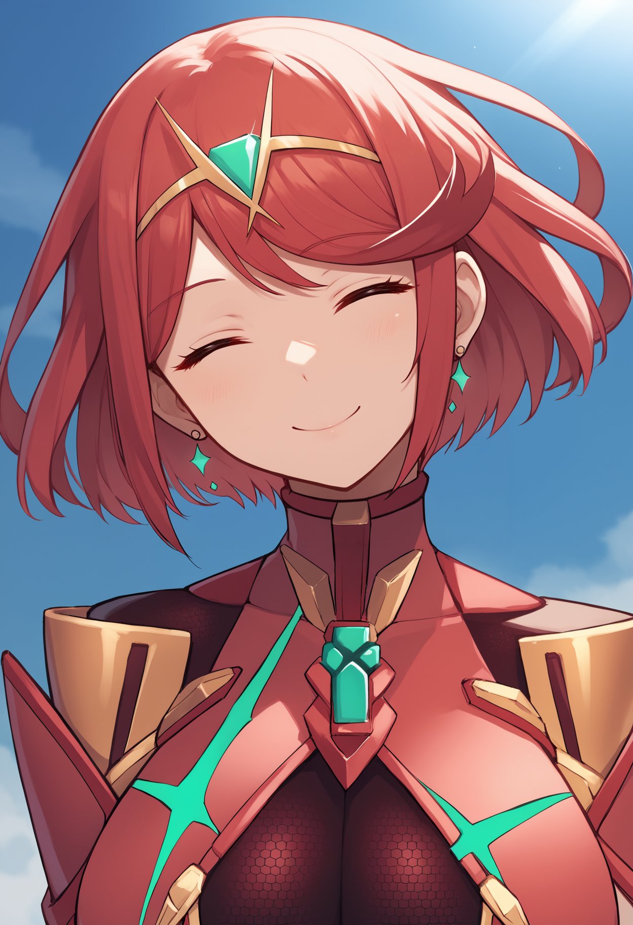 score_9, score_8_up, score_7_up, source_anime BREAK 1girl, solo, <lora:pyra-xb-richy-v1_pdxl:0.8> prdef, closed eyes, red hair, short hair, tiara, earrings, chest jewel, large breasts, impossible clothes, close-up, smile, head tilt