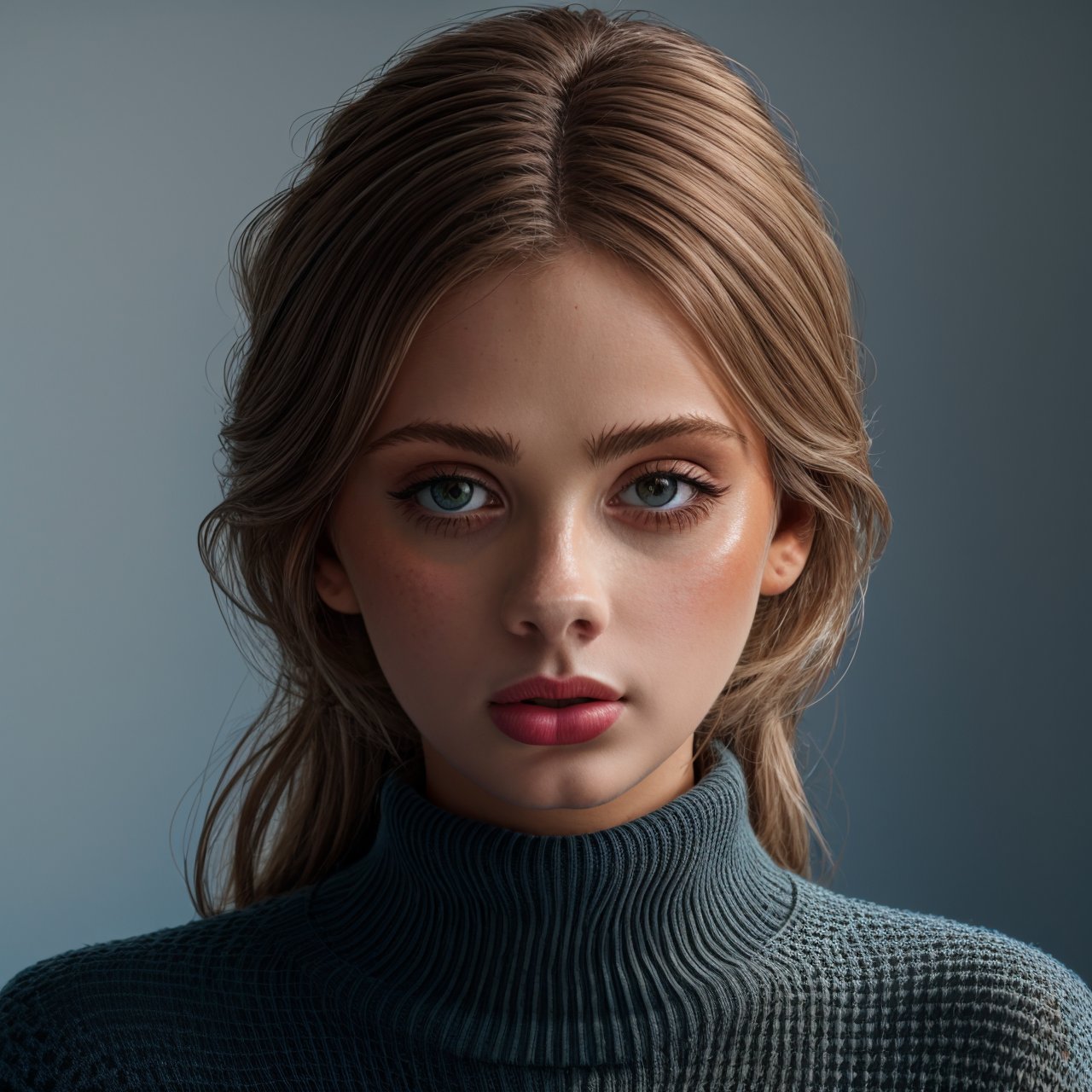 (masterpiece:1.3), HD quality, HD, HQ, 4K view from above, close up portrait of beautiful (AIDA_LoRA_InWo2023:1.01) <lora:AIDA_LoRA_InWo2023:0.97> in (simple light blue sweater:1.1), [stunning girl], skin with visible pores, intimate, intricate pattern, kkw-ph1, (colorful:1.1), (studio photo:1.1), (simple black background:1.1) 