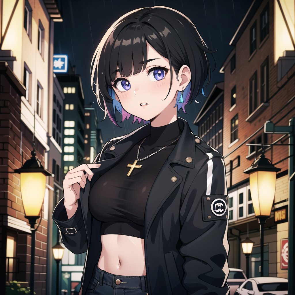 ((masterpiece, best quality, extremely detailed), volumetric lighting, ambient occlusion, colorful, glowing, expressive eyes),

1girl, (asian girl), short hair, black hair, cross earrings, purple pop jacket, pink top, exposed waist, black jeans, gloves without fingers,
outdoors, night, rain, city, (antique buildings), 
(punk), (dystopian city),

upper body, close up, portrait,