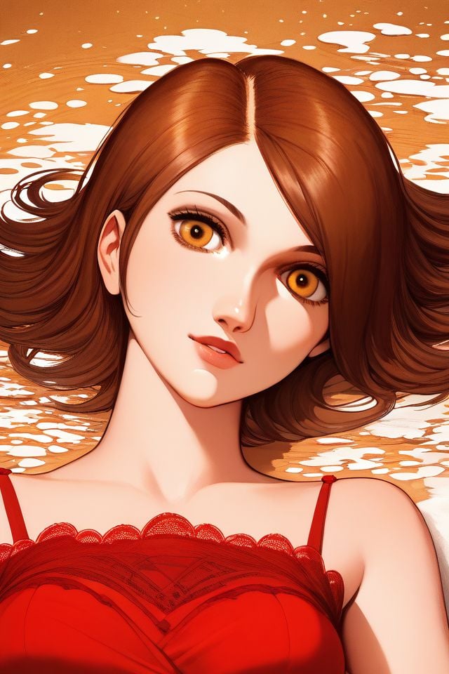 score_9, score_8_up, score_7_up, 1girl, brown hair, hair_over_one_eye, golden eyes, on back, beautiful background <lora:Osamu_Tezuka_PonyXL_style_v01.10.02.02:1>