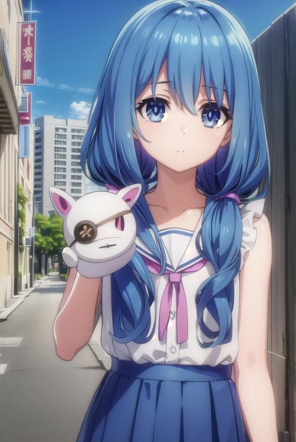 dalyoshino, <lora:dal yoshino s2-lora-nochekaiser:1>,yoshino casual, long hair, blue eyes, twintails, school uniform, blue hair, eyepatch, puppet, hand puppet, serafuku, sleeveless,BREAK ,BREAK outdoors, city, sky, clouds, buildings, sun,BREAK looking at viewer, (cowboy shot:1.5),BREAK <lyco:GoodHands-beta2:1>, (masterpiece:1.2), best quality, high resolution, unity 8k wallpaper, (illustration:0.8), (beautiful detailed eyes:1.6), extremely detailed face, perfect lighting, extremely detailed CG, (perfect hands, perfect anatomy),