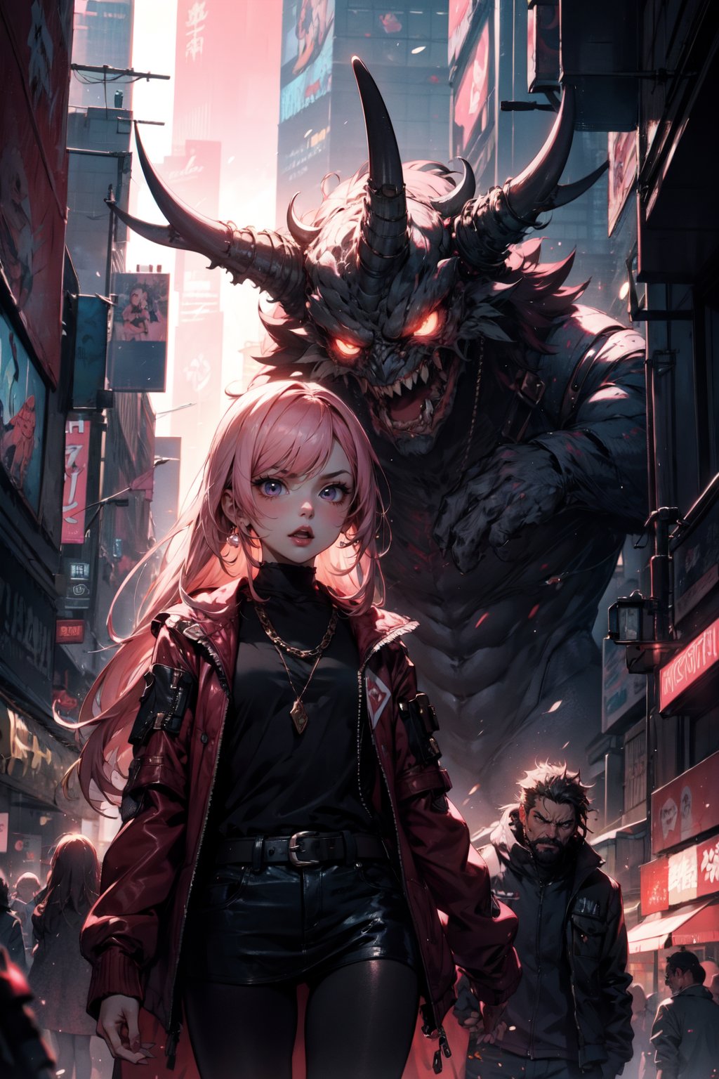 a cute girl, magical, kawaii, pink theme, 1girl angry, monster daddy behind girl protecting her from harm, anime, cyberpunk