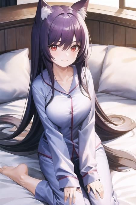 1girl, pajamas, long hair, solo, red eyes, smile, animal ears, park, bed, indoor,<lora:ashigara:0.5>