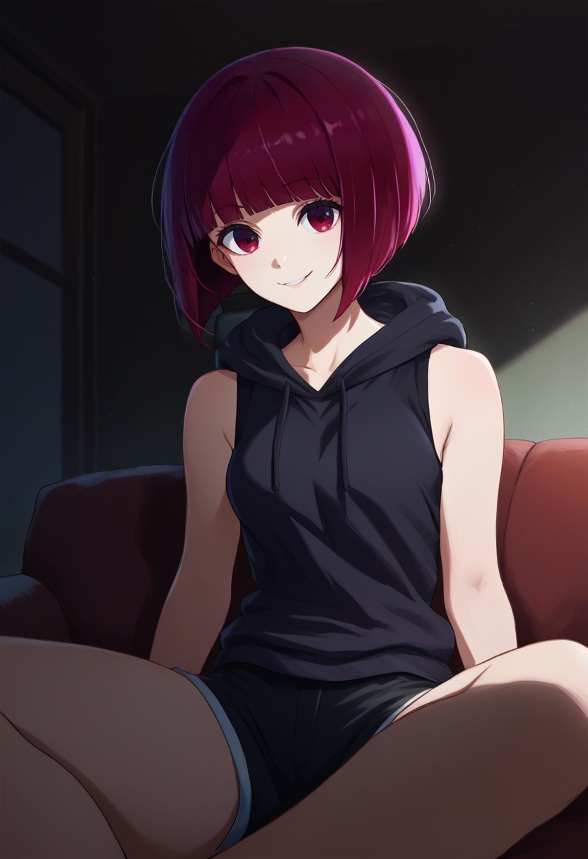 score_9, score_8_up, score_7_up, source_anime, solo, 1girl, kanarnd, smile, looking at viewer, sitting, couch, bob cut, inverted bob, black hoodie, sleeveless hoodie, black shorts, indoors, living room <lora:oshinoko_arima_ponyXL:1>