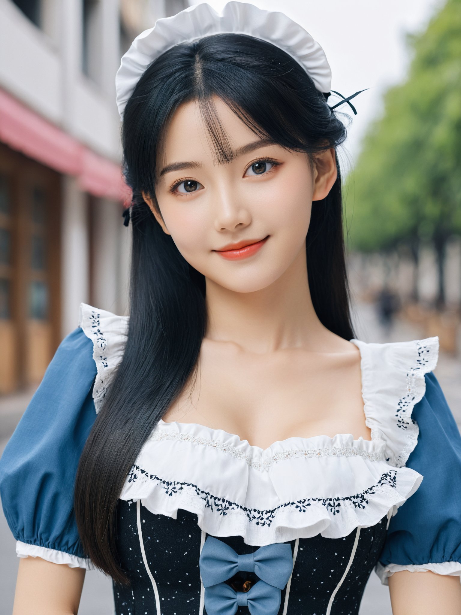 masterpiece, best quality, realistic, photo, real, incredibly_absurdres, Ultra HD,Affectionately looking at you,8K,UHD,in the city street,simple background, upper body, arms behind head,arms behind back , bust photo,The 18-year-old Chinese girl Wearing a lolita_fashion, ,She has black hair. The lines of her face are soft and smooth. Her skin is as fair as snow, soft and delicate, and her eyes are bright and bright, deep and mysterious, making people feel endless charm and appeal. The eyebrows are slender and graceful, the nose is straight and noble, the lips are rosy and seductive, and the slightly raised angle reveals confidence and elegance. Her facial features are delicate and three-dimensional, with well-defined contours, like a fine painting or a finely carved work of art. The overall feeling is gentle, elegant, noble and full of charm.masterpiece, best quality, realistic, photo, real, absurdres, incredibly_absurdres, huge_filesize, bust, girl, kawaii, adorable girl, bishoujo, ojousama, idol, student, long hair, black hair, beautiful detailed eyes, looking at viewer, seductive smile, black eyes, large breasts, arms behind back ,