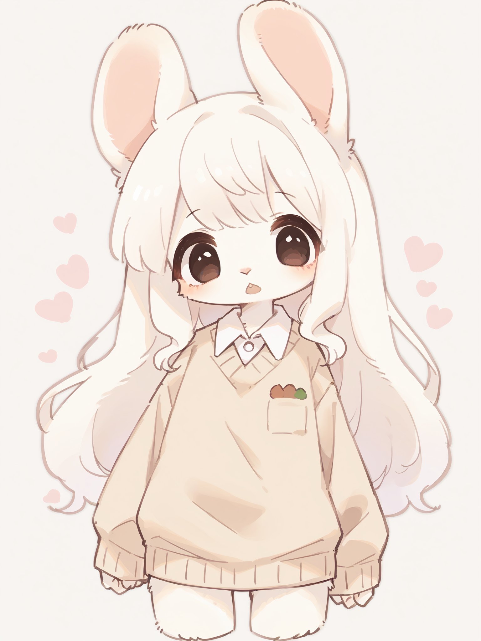 score_9, score_8_up, score_7_up, score_6_up, score_5_up, score_4_up, source_furry, source_anime, rating_safe, furry, kemono, 1girl, rabbit girl, rabbit ears, solo, long sleeves, sleeves_past_fingers, beige sweater, collared shirt, cropped legs, cowboy shot, open mouth, head tilt, long hair, looking at viewer,