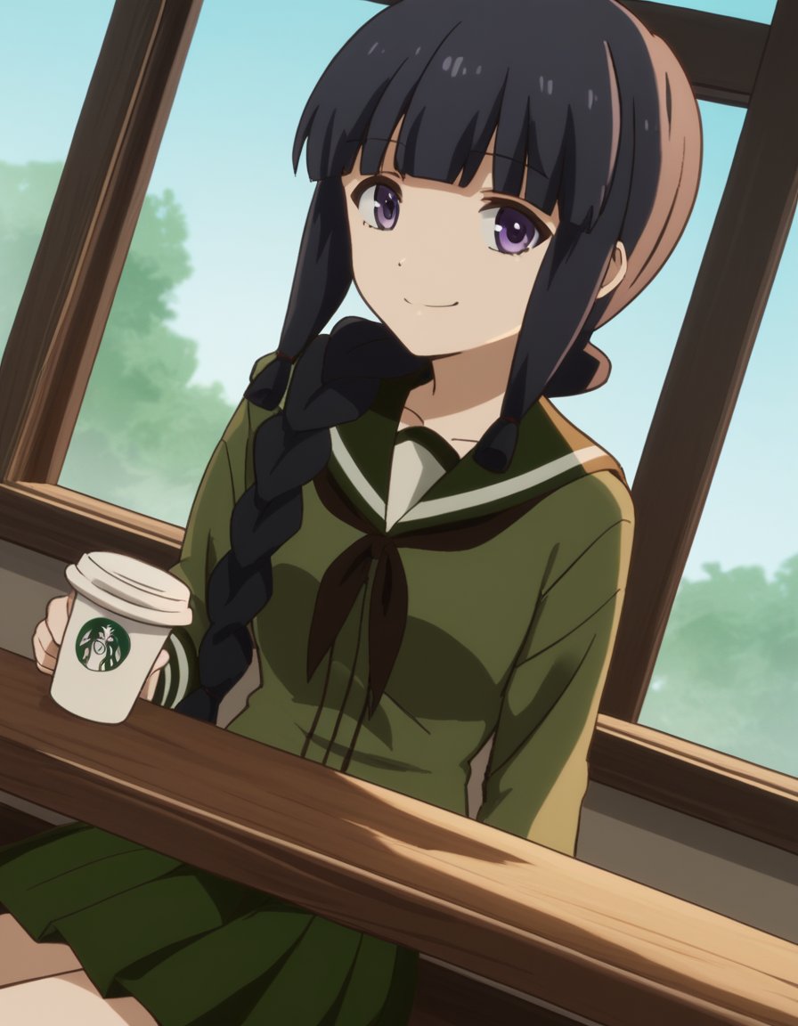 score_9, score_8_up, score_7_up, source_anime, <lora:kancolle-kitakami-s1-ponyxl-lora-nochekaiser:1>, kitakami, long hair, bangs, black hair, purple eyes, braid, blunt bangs, single braid, hair over shoulder, kitakami (kancolle), skirt, school uniform, serafuku, green skirt, pleated skirt, green shirt, green sailor collar, cafe, coffee cup, barista, sitting down, talking, relaxing, sunlight through window, smile, looking at viewer, smug, hand on hips,, solo,, cowboy shot, dutch angle