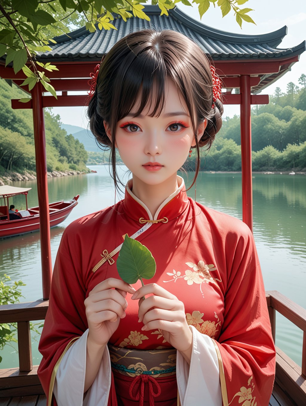 score_9, score_8_up, score_7_up,outdoors, lake, gazebo, boat, 1girl,red eyeshadow, blush, shaded face,  chinese clothes, hanfu,holding leaf, looking at viewer,   <lora:Hanfu_Pony:0.7>