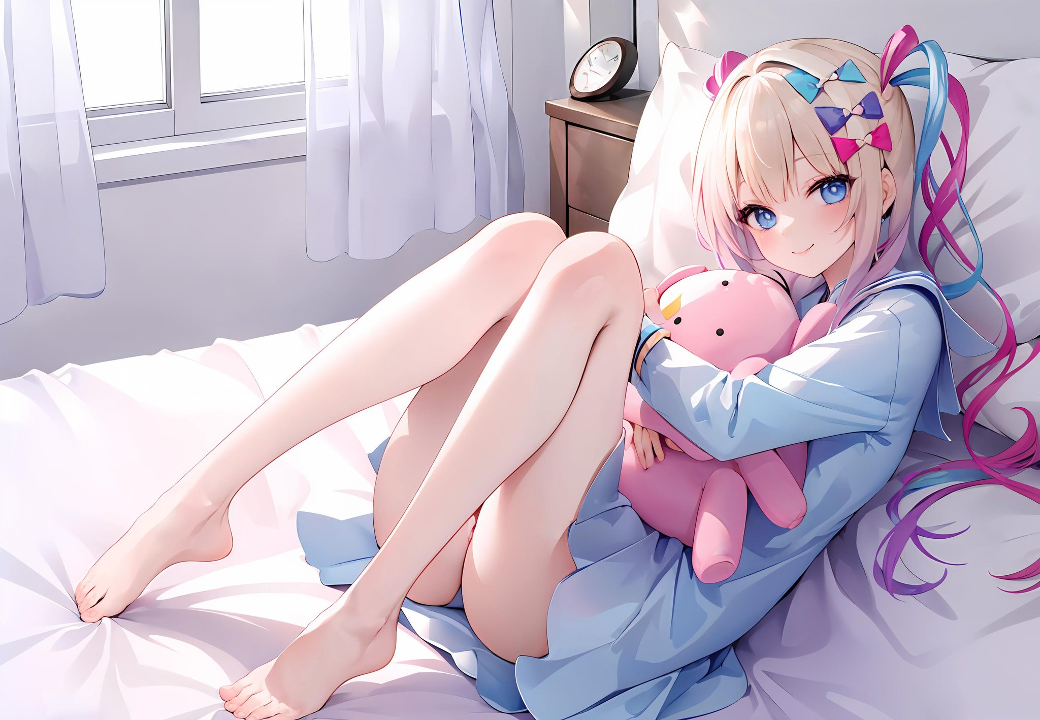 ((masterpiece,best quality)), 1girl, solo, kangel, barefoot, lying, on bed, smile, hugging, stuffed toy,