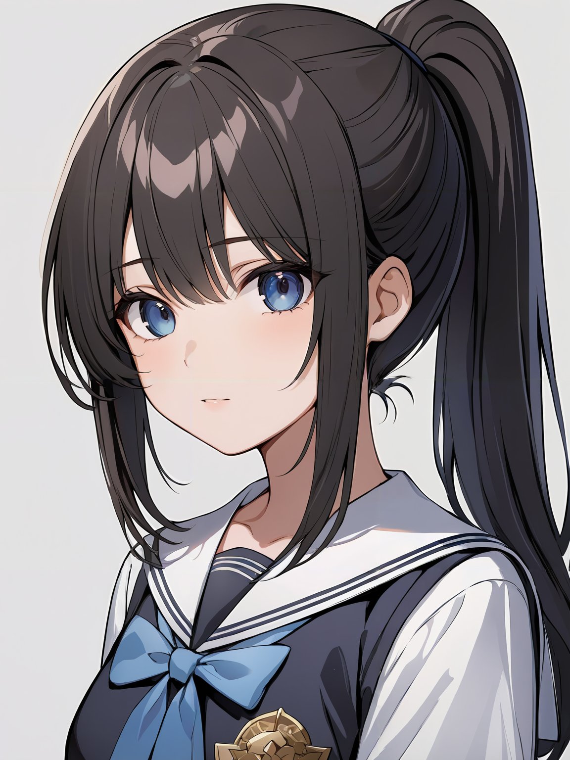 masterpiece,ultra-detailed,best quality,8K,illustration,cute face,clean skin ,shiny hair,girl,ultra-detailed-eyes,simple background, <lora:add-detail-xl:1> <lora:pony straight_XL_V1.0:1> ponytail,straight hair,school uniform