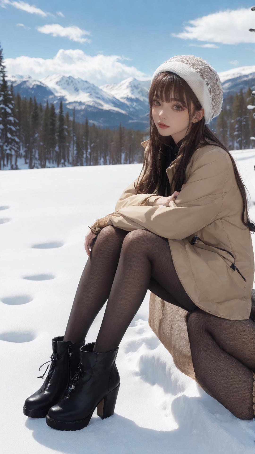 (tutuhd),pantyhose,black miniskirt, black pencil skirt, high heels, masterpiece, best quality, winter, snow field, 1girl, bangs, blue eyes, blunt bangs, bonnet, brown footwear, brown hair,  frills, fruit, full body, hat, long hair,looking at viewer, shoes, sitting, solo, sky, sun, mountain, forest, lake, <lora:图图的嗨丝（20D小孔渔网袜﷿）_v1.0:0.85>