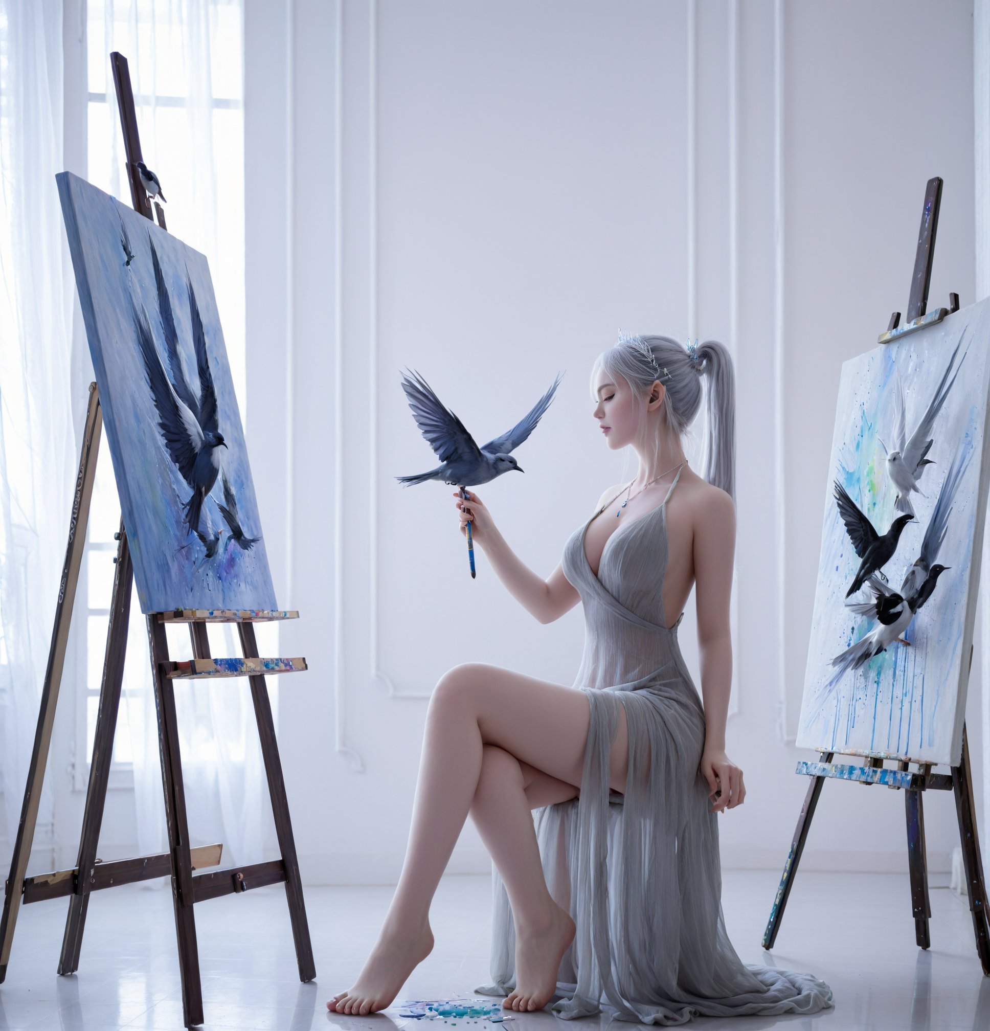 fairy,noble,elegant,beautiful,1girl,bird,sitting,canvas \(object\),palette \(object\),solo,dress,paintbrush,barefoot,painting \(action\),ponytail,breasts,realistic,jewelry,white hair,closed eyes,holding,painting \(object\),necklace,pointy ears,easel,indoors,profile,<lora:jingling-0000010:0.6>,