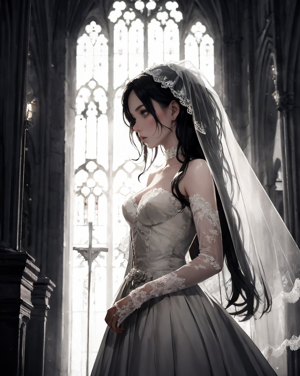 cinematic digital painting,gothic romance,bride in reflection,dramatic lighting,lace veil,pale roses,porcelain skin,ethereal light,cathedral setting,low angle,dreamlike atmosphere,muted tones,gothic architecture,soft shadows,vintage lace gown,melancholy,hauntingly beautiful,epic ambiance,timeless,statuesque presence,emotional depth,, ,<lora:GoodHands-vanilla:1.2>,masterpiece, best quality, no default,