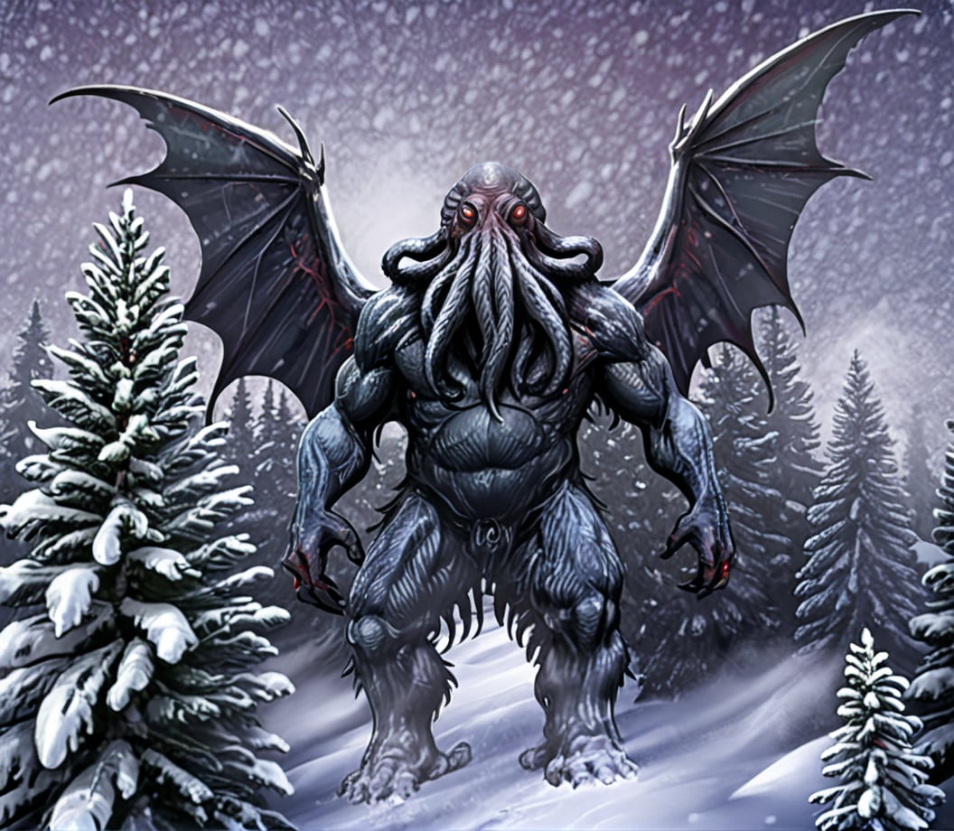 Cthulhu terror,mythical creature,snowstorm,snowy forest,red eyes,menacing appearance,Itakua,the Old Dominator,fantasy,digital art,blizzard conditions,snow-covered trees,heavy snow,low visibility,strong winds,winter,eerie atmosphere,supernatural being,large figure,creature in natural habitat,cold climate,cthulhu mythos,lovecraftian horror,<lora:kesulu-10:0.6>,