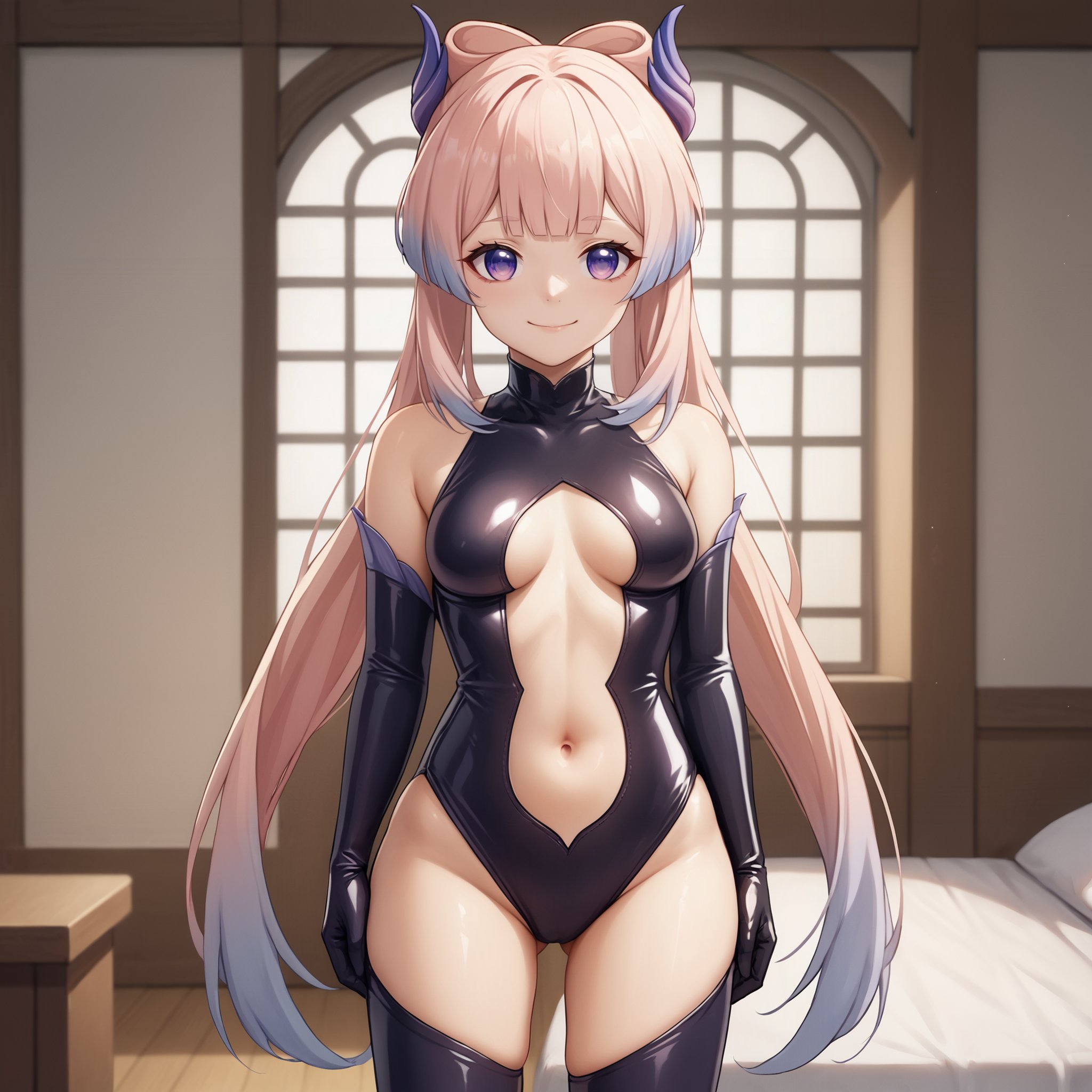 score_9, score_8_up, score_7_up, source_anime, k0k0mi, 1girl, evil smile, closed mouth, medium breasts, latex princess, stomach cutout, bare shoulders,solo, cowboy shot, standing, indoors,  <lora:latex-princess3-005:0.8>  <lora:k0k0mi-ponyxl-5:0.8>