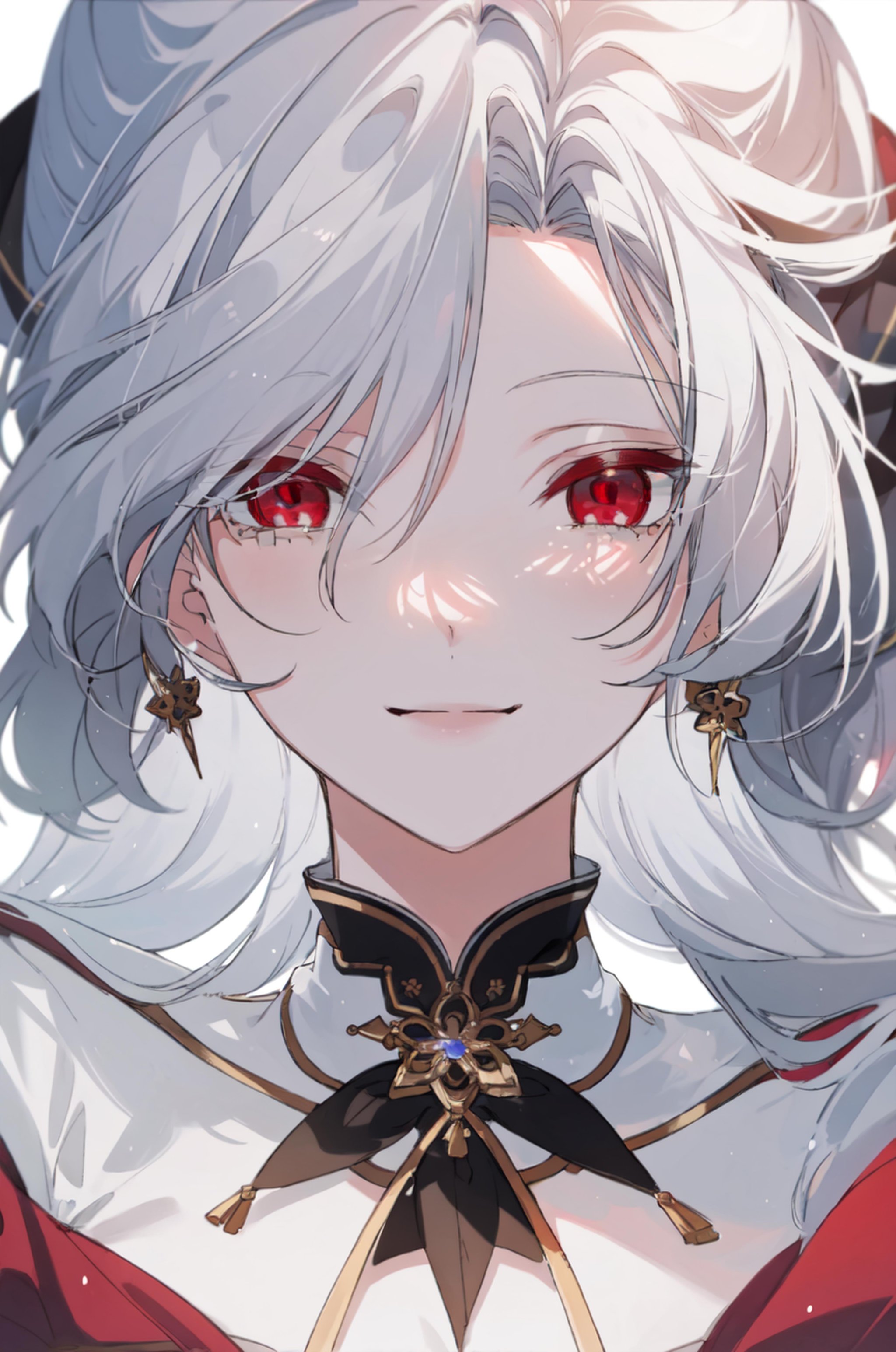 masterpiece, (best quality), 1girl , white hair, Raviel, red eyes, <lora:RavielIvansia:0.7>, close up, smile