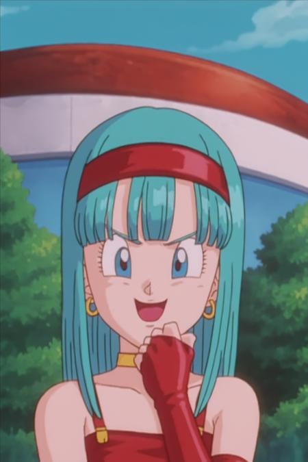 source_anime, score_9, score_8_up, score_7_up, anime screencap,bulla, 1girl, solo, long hair, straight hair, aqua hair, smile, blue eyes, bare shoulders, eyebrows, blunt bangs, eyelashes, outdoors, sky, day, fingerless gloves, tree, evil laugh, red hairband, bush, touching chin, v-shaped eyebrows, tongue, house, red crop top, red gloves, pointy nose, open mouth, looking at another, portrait, elbow gloves, cloud, choker, collarbone, anime coloring, 1990s \(style\), retro artstyle, bridal gauntlets, close-up, leather <lora:bulla_pony_v1:0.7>
