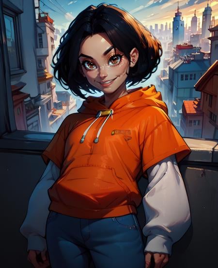 score_9,score_8_up,score_7_up,score_6_up,jadejca,short black hair,brown eyes,smiling,orange short sleeved hoodie,white sleeves,hood down,blue pants,Hong Kong,morning,cityscape,looking at viewer,<lora:JadeJCA:1>,