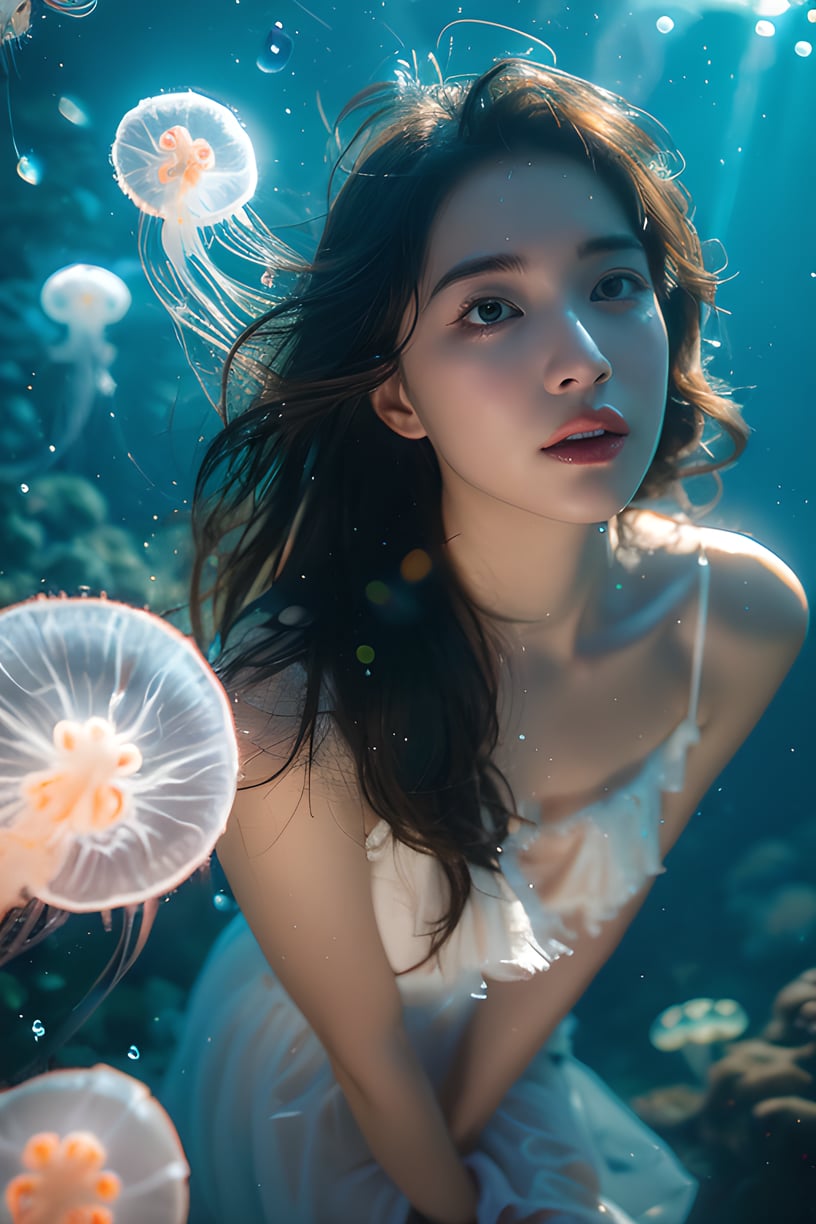 1 girl, solo, bubbles, sunshine,dark hair,glowing jellyfish, water bubbles, water, long hair, underwater, realistic, lips, looking at the audience, bubbles, parted lips, full body, water, brown eyes, jellyfish, front,  <lora:YG海底水母摄影:0.75>,