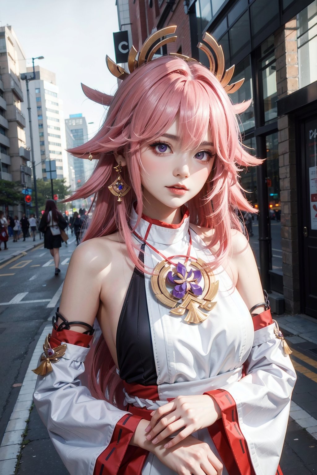 <lora:yae_miko:0.6>,yae_miko, 1girl, pink hair, purple eyes, long hair, fox ears, earrings, hair ornament, jewelry on the chest, yae miko's clothes, bare shoulders, detached sleeves, upper body, outdoors, cityscape, streets, buildings, sunshine