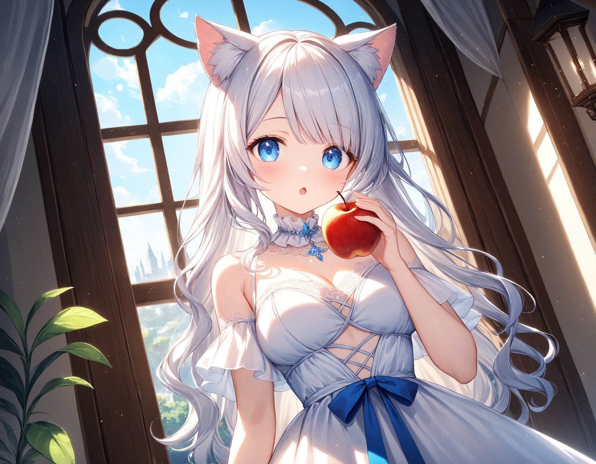 Depth of field. Upper body shot. Cinematic angle. A cute girl. Solo. :o. Eating apple. Head tilt. Looking at viewer. (Round face:1.1). Detailed blue eyes. Tareme. Detailed body. (Medium breasts:1.05). Long wavy hair. White hair. Asymmetrical bangs. Cat ears. (White gorgeous dress:1.2). (White lace ruffled collar:1.2). White layerd long skirt. Medieval. Fashionable living room. White sheer curtains. Decorative mini plants. Blue sky view from window. (Daytime:1.2). (Natural lighting:1.4). Medieval. Cute style. Intricate details. Extremely detailed. Outstanding intricacies. (Masterpiece:1.2). (Best quality:1.2). (Absurdres absolutely resolution:1.4).