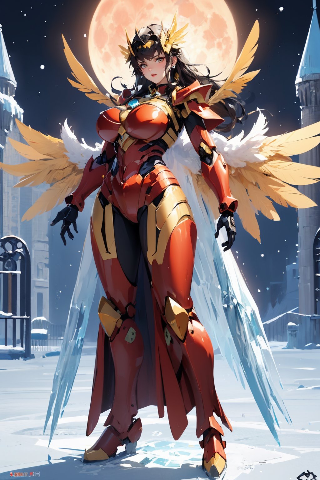 masterpiece,best quality,1girl,(super huge feather wings:1.4),black hair,sky,(woman mecha warrior,mighty and domineering,all body cool mecha,black and gold color scheme,red armor:1.4),(Standing outside the huge gates of the Ice Castle:1.3),look at viewer,floating hair,outdoor,(full body:1.5),(full moon:1.4),(ice castle:1.5),(snow:1.3),