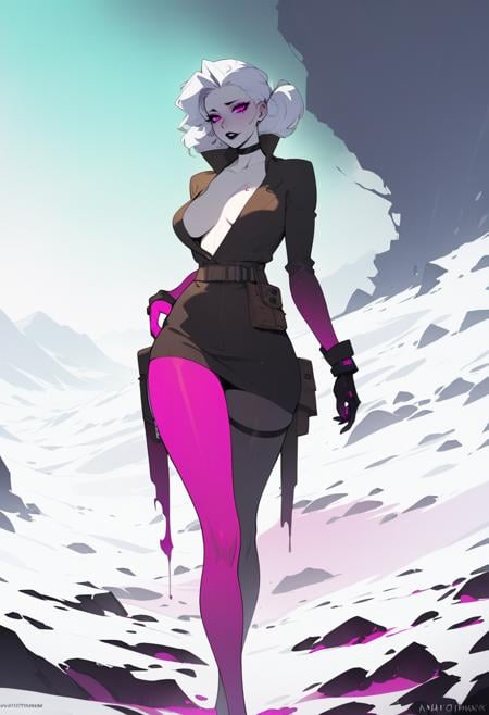 anato finnstark, Masterpiece, best quality, solo female character, winter color palette, heavy color vibration, femme fatale, post-apocalyptic setting , suggestive, <lora:NoctFlatStyleBaseXL:0.75>