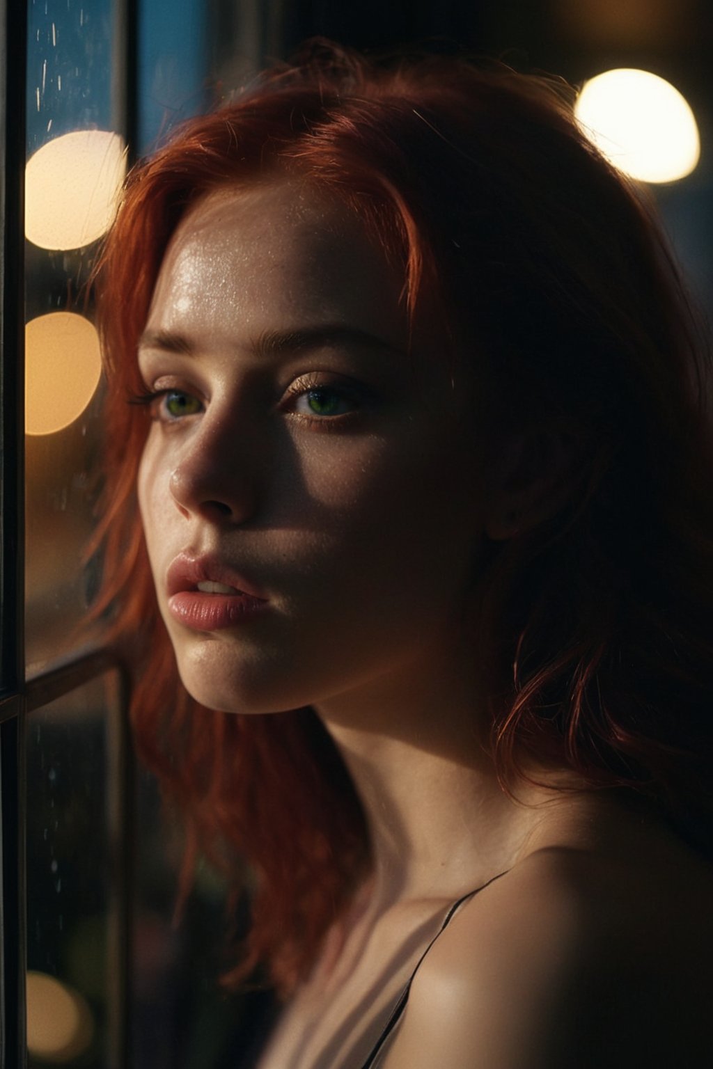 (1girl), red hair, low light, darkness, full thick pouty lips, artistic masterpiece, (mist:0.6), upper body shot, looking out a window onto a night street, reflection, light refraction, cinematic film still photography, 35mm photograph, film, RAW photo, detailed photo, gorgeous, shallow depth of field, bokeh, (surreal:0.4), hyper detailed photorealistic life-like accurate proportional 8k sharp focus, (accurate cinematic lighting), photorealistic detail, (selective focus:0.6)  <lora:casting shadow style v2:0.6> casting shadow style, cucoloris patterned illumination