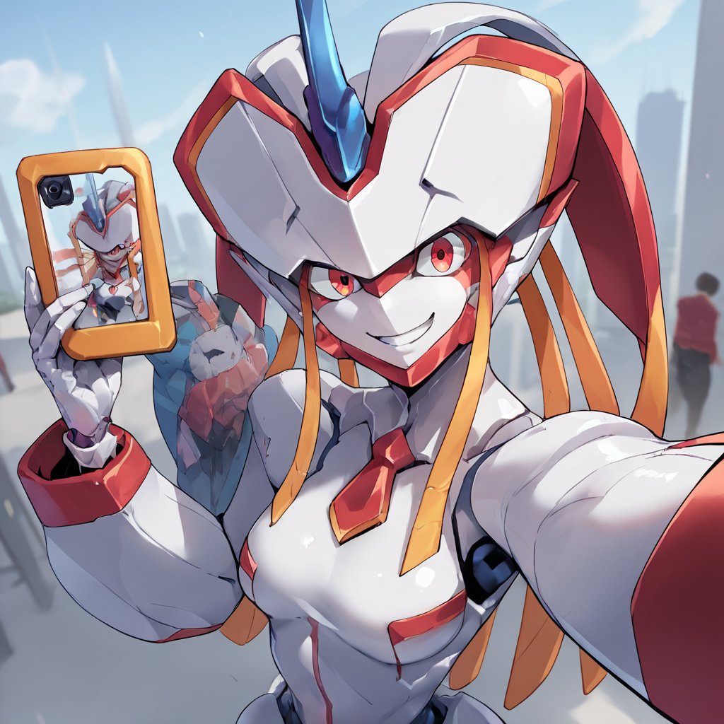 score_9, score_8_up, score_7_up, score_6_up, score_5_up, score_4_up, source_anime,  Strelizia, robot, city, smile, selfie