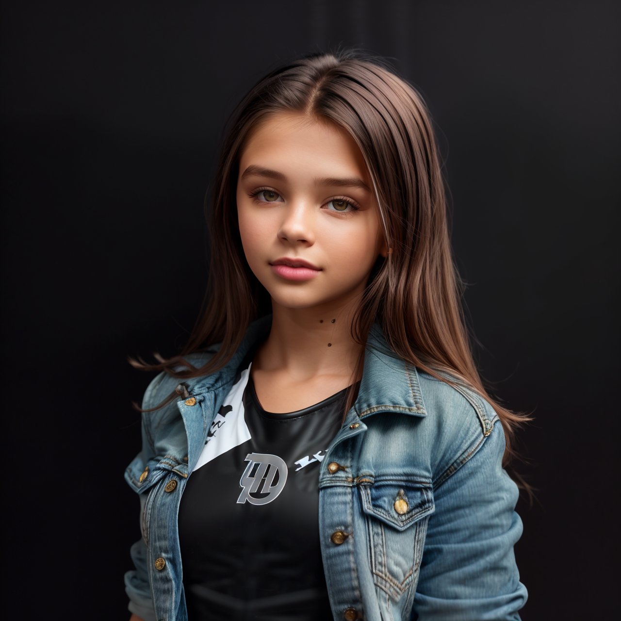 best quality, extra resolution, wallpaper, HD quality, HD, HQ, 4K, view from above, full body portrait of adorable (AIDA_LoRA_AngelPo:1.14) <lora:AIDA_LoRA_AngelPo:0.76> in a denim jacket standing in front of (black background:1.5), little girl, pretty face, self-assurance, cinematic, studio photo, studio photo, kkw-ph1, hdr, f1.6, (colorful:1.1)