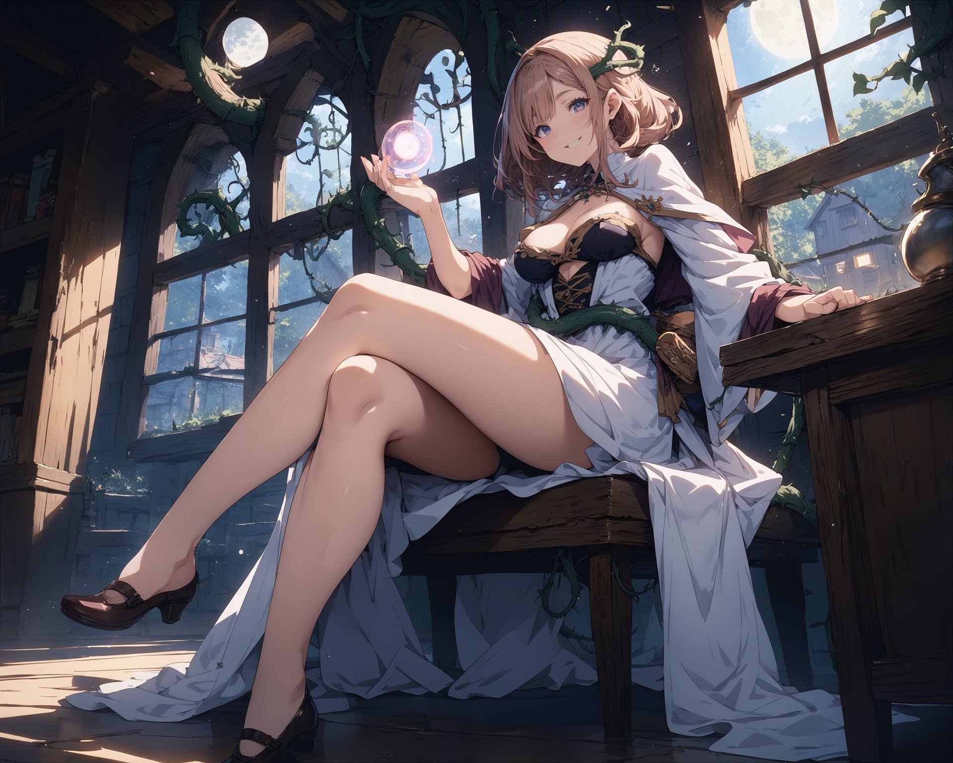 score_9,score_8_up,score_7_up,source_anime,masterpiece,best_quality,highres,absurdres,BREAKwitch,cleavage,seductive_smile,crossed_legs,glowing_orb,winding_thorns,indoors,treehouse,moon_night,