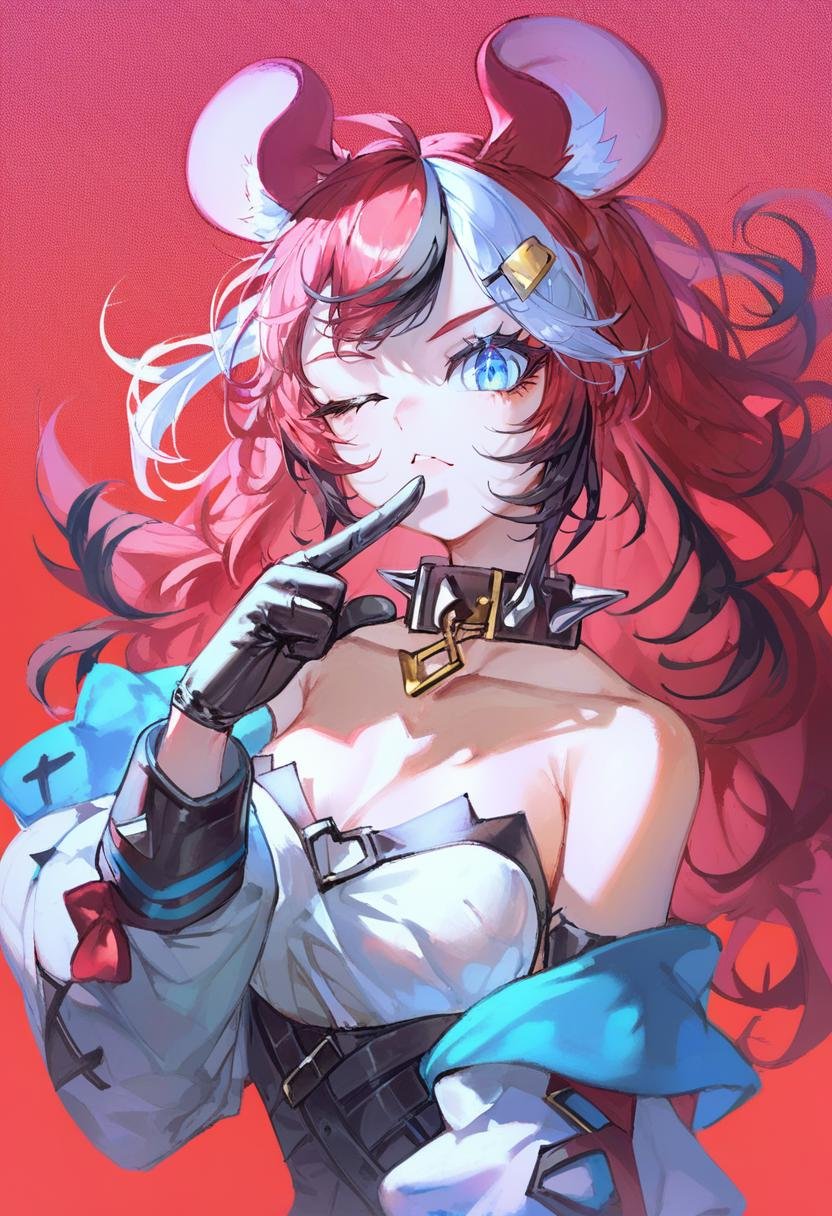 score_9, score_8_up, score_7_up, score_6_up, <lora:QUASARCAKEXL_P6_lokr_V42310:0.95> 1girl, virtual youtuber, hakos baelz, animal ears, key, mouse ears, red hair, solo, blue eyes, multicolored hair, white hair, one eye closed, black hair, mouse girl, spikes, collar, gloves, long hair, red background, key necklace, black gloves, streaked hair, pointing, looking at viewer, shirt, spiked collar, hakos baelz \(1st costume\), pointing at viewer, cheese, white shirt, bow, upper body, strapless, bare shoulders, detached sleeves, strapless shirt, simple background, finger gun, hair ornament, food, off shoulder, breasts