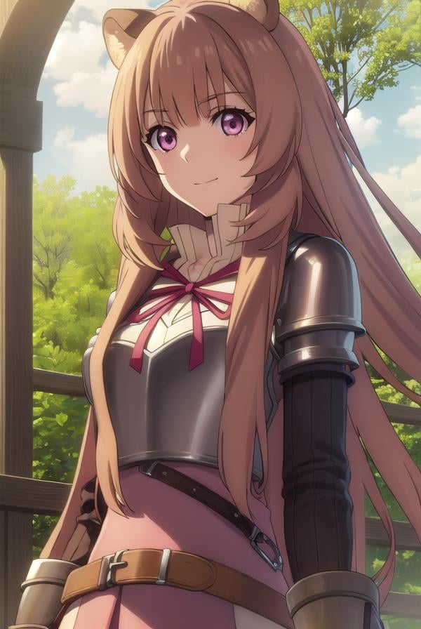 raphtalia, <lora:raphtalia s3-lora-nochekaiser:1>,raphtalia, long hair, bangs, brown hair, animal ears, raccoon ears, raccoon tail, raccoon girl, (pink eyes:1.3), smileBREAK long sleeves, sweater, ribbed sweater, puffy sleeves, breastplate, ribbon, red ribbon, gauntlets, glove, brown gloves, belt, skirt, armor,BREAK outdoors, forest, nature, sun, sky, trees, clouds, grass,BREAK looking at viewer, (cowboy shot:1.5),BREAK <lyco:GoodHands-beta2:1>, (masterpiece:1.2), best quality, high resolution, unity 8k wallpaper, (illustration:0.8), (beautiful detailed eyes:1.6), extremely detailed face, perfect lighting, extremely detailed CG, (perfect hands, perfect anatomy),