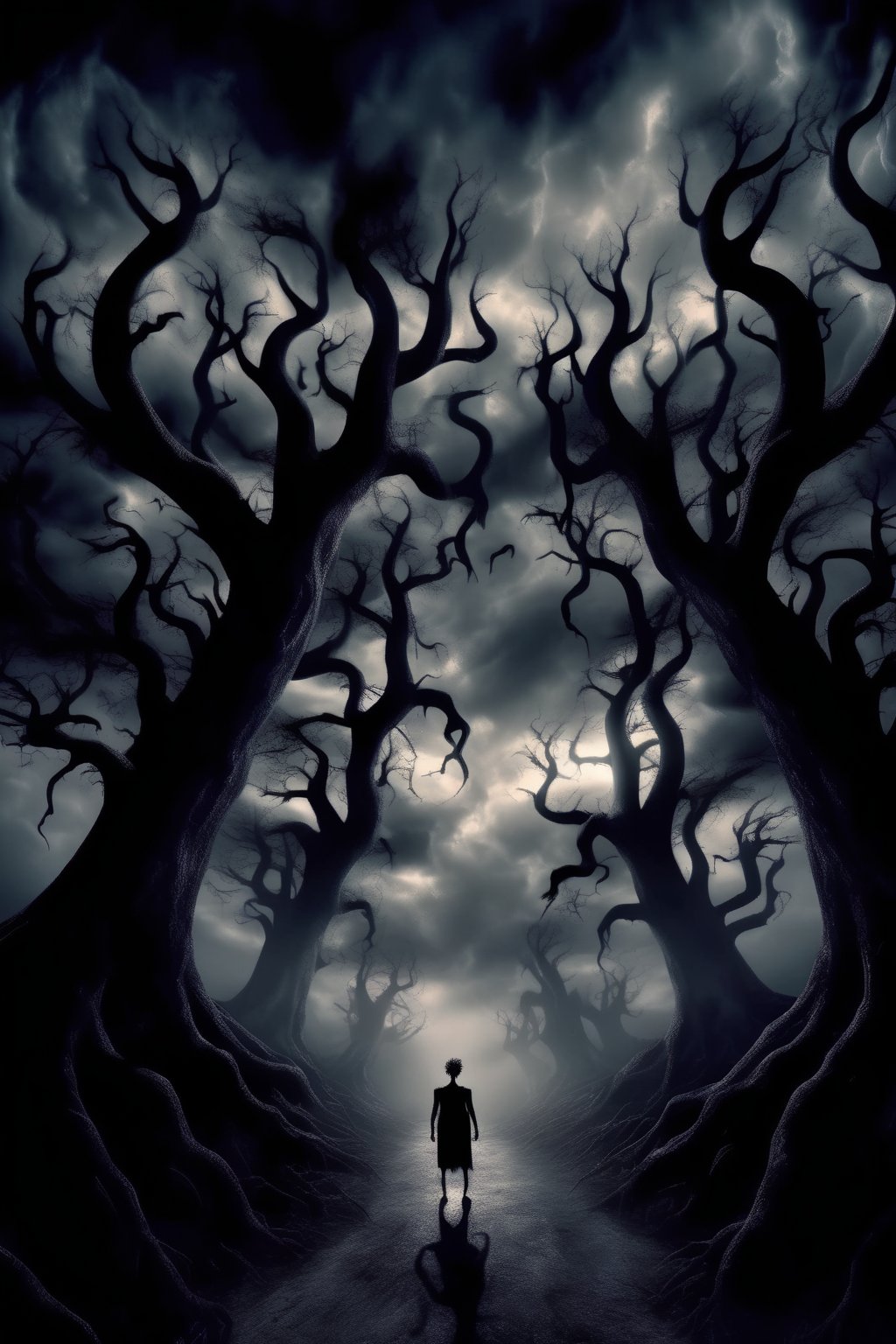 <lora:Dark Fantasy:1>Dark Fantasy - An intense nightmare scene, with dark, twisted trees, ominous clouds, and eerie shadows, illustrating the consequences of panicking in a lucid dream, where fear manifests into a terrifying reality.