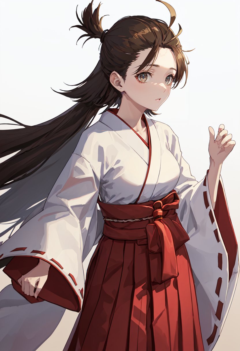 best quality, masterpiece, highres, solo, (himiko_fgo:1.10), (white kimono:1.35), (red hakama:1.35), (wide sleeves:1.20), 18 <lora:himiko_fgo:0.80>